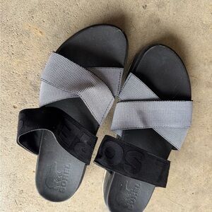 Sorel Black and Gray Cross-Strap Slide Sandals
